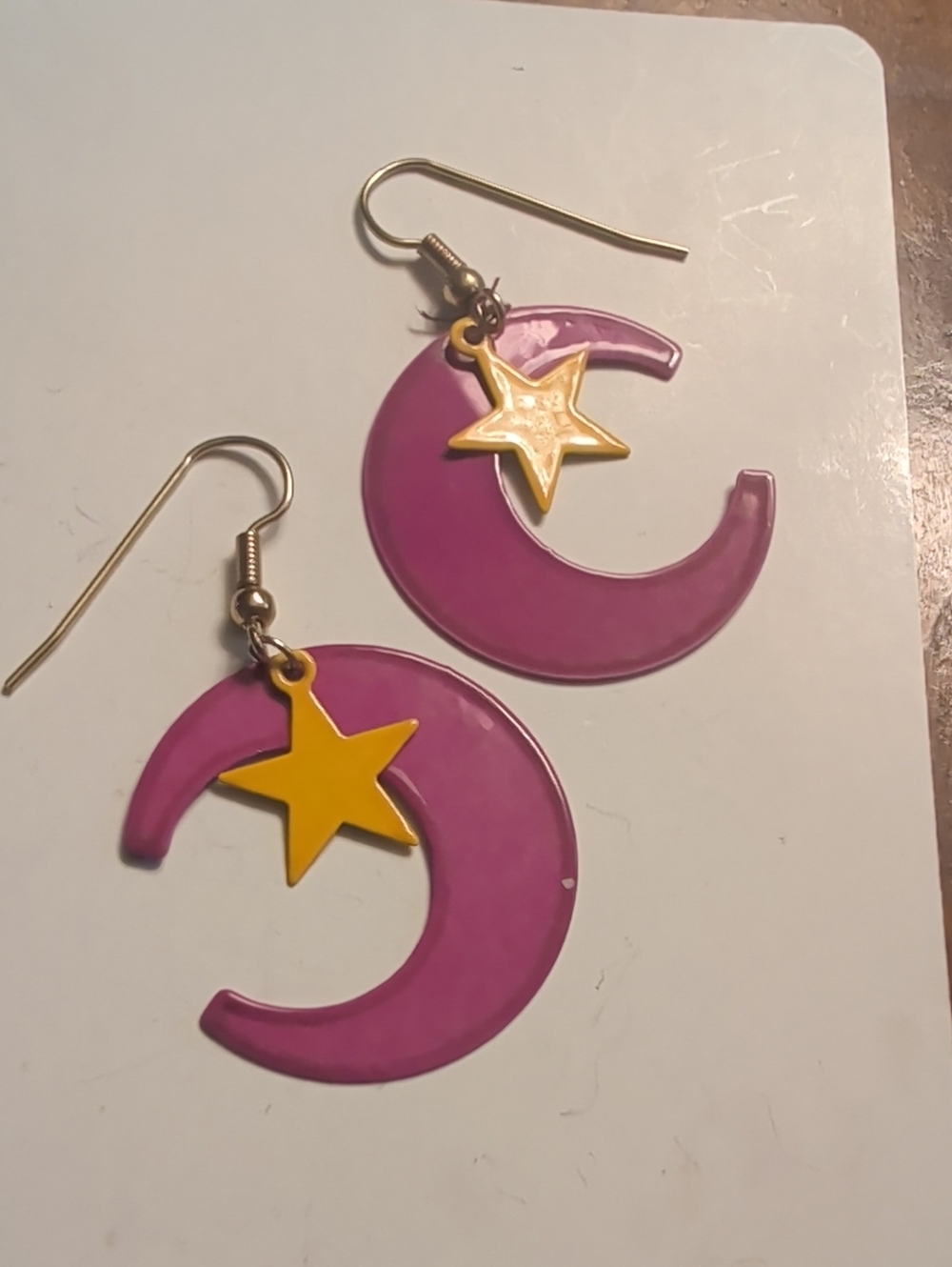Pink Moon Yellow Stars Earrings Vintage Boho Enamel Drop Goldtone hoops